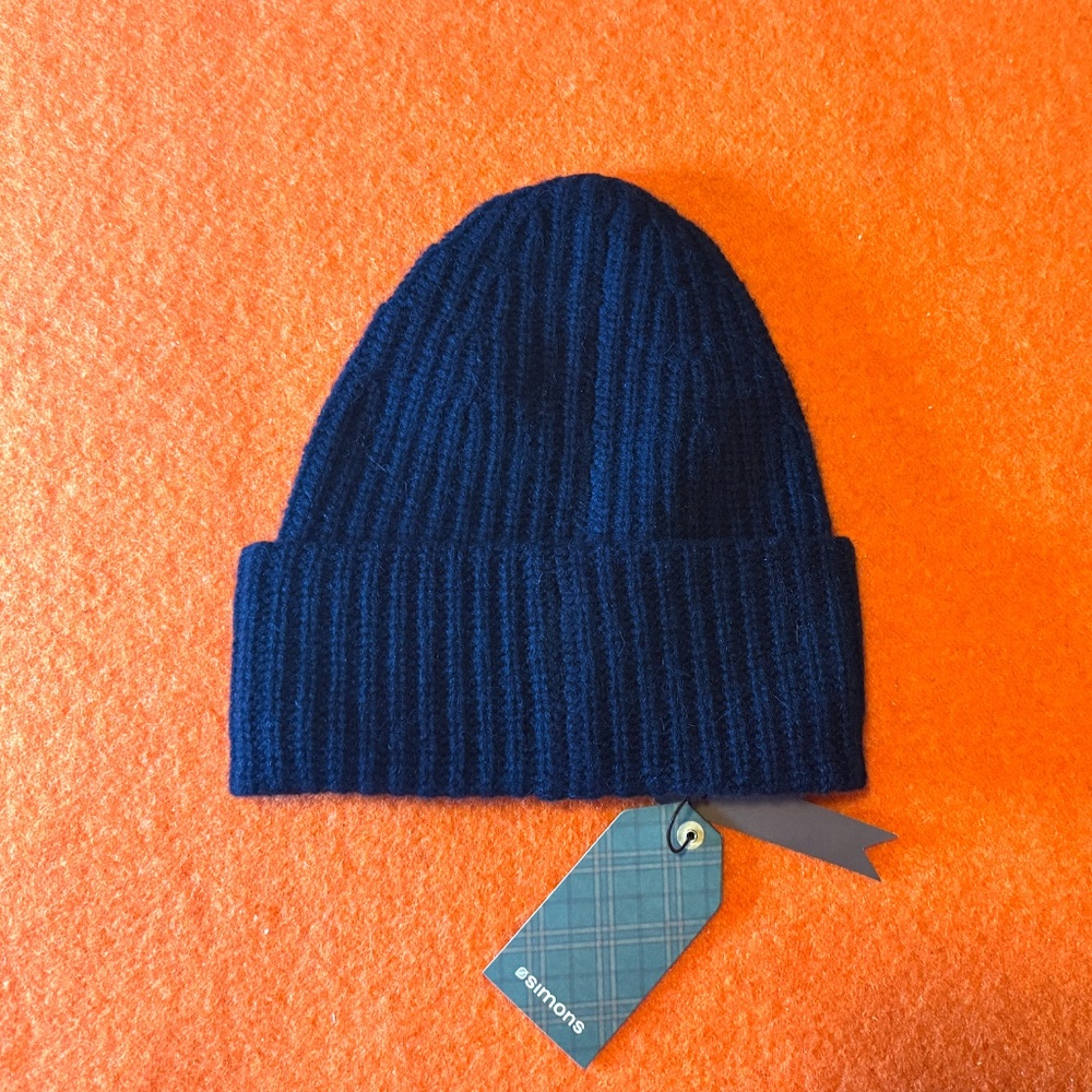 Simons navy blue ribbed pure recycled lambswool chunky tuque hat beanie NWT - Picture 10 of 11
